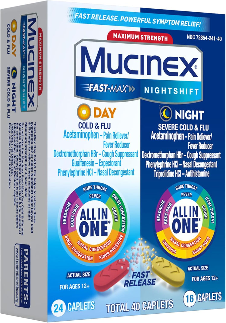 Fast-Max Day Cold and Flu & Nightshift Night Severe Cold and Flu Medicine for Adults, Day/Night Combo Pack for Fever, Sore Throat Relief, Decongestant, Cough & Cold Medicines, 40 Caplets