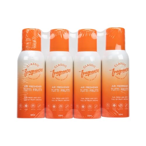 Classic Fragrances 4 Pack Tutti Frutti - Fun, Fresh, Zesty & Fruity Aroma Air Freshener Spray - For Home & Vehicles – Long Lasting Smell, Portable Spray Can – Deodorise & Neutralise Odours – 125ml - Get Me Products