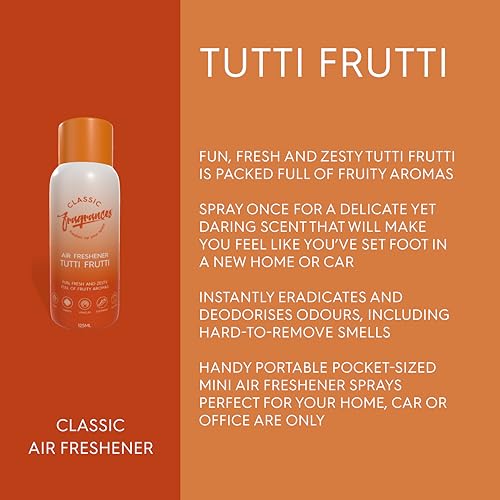 Classic Fragrances 4 Pack Tutti Frutti - Fun, Fresh, Zesty & Fruity Aroma Air Freshener Spray - For Home & Vehicles – Long Lasting Smell, Portable Spray Can – Deodorise & Neutralise Odours – 125ml - Get Me Products