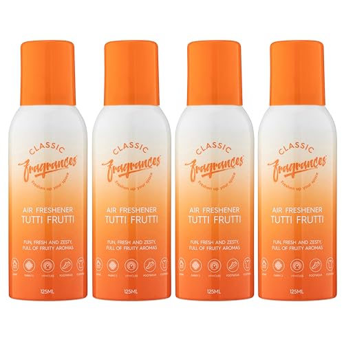 Classic Fragrances 4 Pack Tutti Frutti - Fun, Fresh, Zesty & Fruity Aroma Air Freshener Spray - For Home & Vehicles – Long Lasting Smell, Portable Spray Can – Deodorise & Neutralise Odours – 125ml - Get Me Products