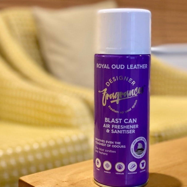 Designer Fragrances 4 Pack Royal Oud Leather Air Freshener Blast Cans - For Home & Vehicles – Natural Oils, Luxury Lasting Smell, Dry Mist Quick Release Spray – Deodorise & Neutralise Odours – 400ml - Get Me Products