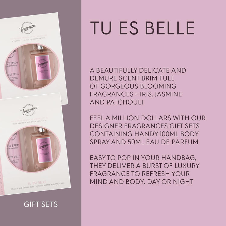 Designer Fragrances Tu Est Belle Female Twin Gift Set - Includes 2 x 100ml Body Spray Deodorant Cans, 2 x 50ml Women’s Eau De Parfum Sprays - For Instant Freshness on The Go - Long Lasting Smells - Get Me Products