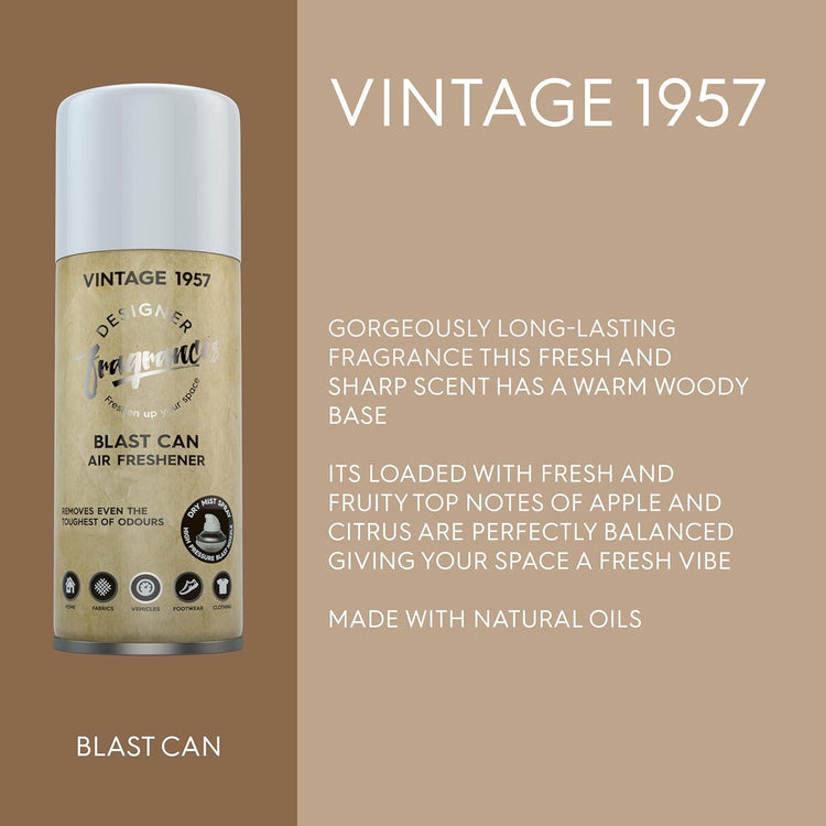 Designer Fragrances 4 Pack Vintage 1957 Air Freshener Blast Cans - For Home & Vehicles – Natural Oils, Luxury Lasting Smell, Dry Mist Quick Release Spray – Deodorise & Neutralise Odours – 400ml - Get Me Products