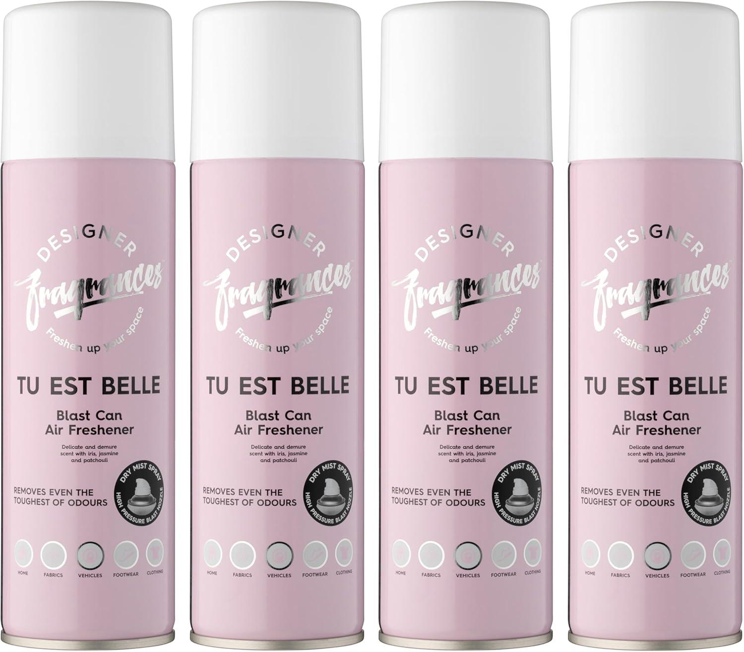 Designer Fragrances 4 Pack Tu Est Belle Air Freshener Blast Cans - For Home & Vehicles – Natural Oils, Luxury Lasting Smell, Dry Mist Quick Release Spray – Deodorise & Neutralise Odours – 300ml - Get Me Products