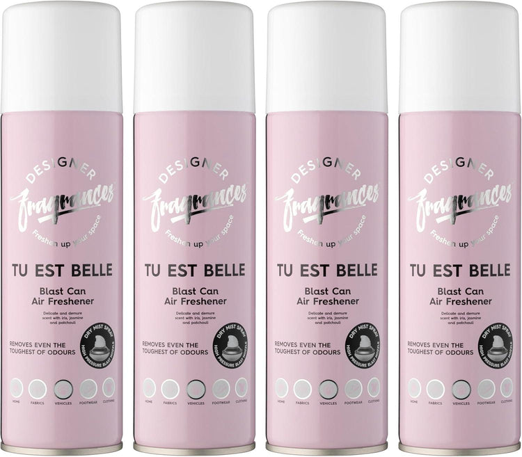 Designer Fragrances 4 Pack Tu Est Belle Air Freshener Blast Cans - For Home & Vehicles – Natural Oils, Luxury Lasting Smell, Dry Mist Quick Release Spray – Deodorise & Neutralise Odours – 300ml - Get Me Products