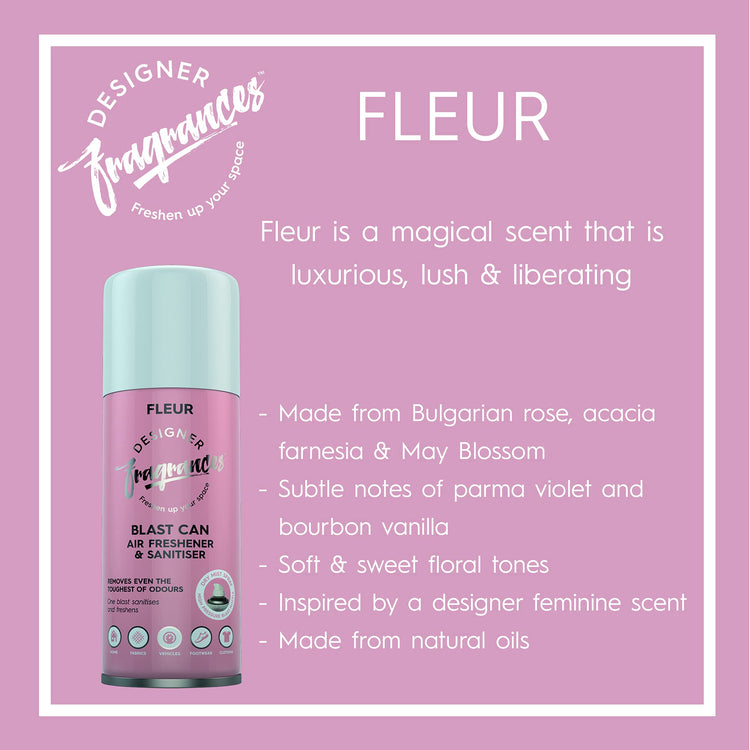 Designer Fragrances Fleur Blast Can – Air Freshener & Sanitiser, Use in the Car, At Home, On Furniture, On Shoes – Dry Mist Quick Release Spray – Spray Once to Deodorize & Neutralise Smells – 400ml - Get Me Products