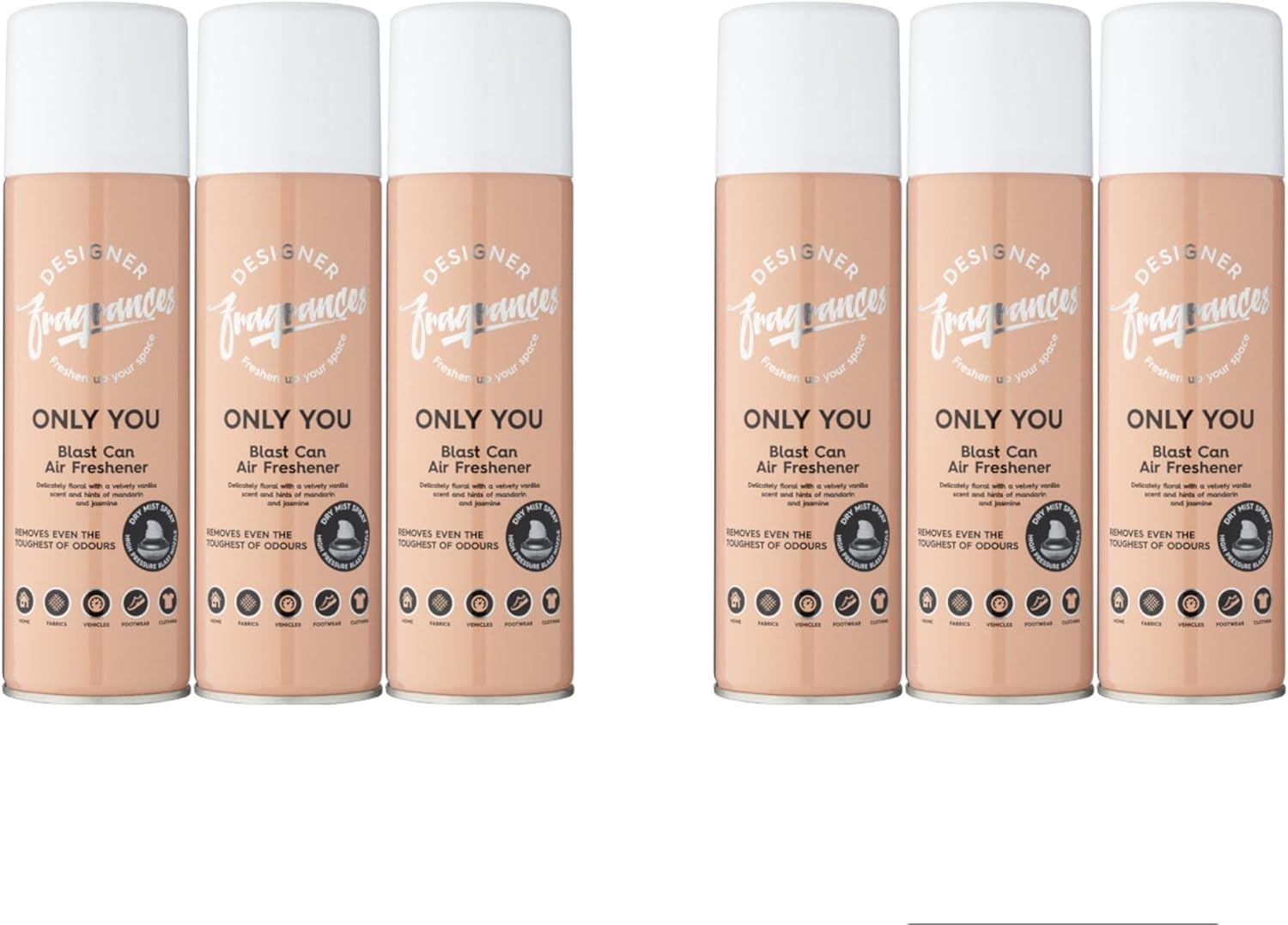 Designer Fragrances 6 Pack Only You Air Freshener Blast Cans - For Home & Vehicles – Natural Oils, Luxury Lasting Smell, Dry Mist Quick Release Spray – Deodorise & Neutralise Odours – 300ml - Get Me Products