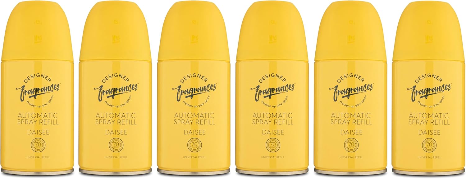 Designer Fragrances 6 Pack Daisee Automatic Room Spray Universal Refill Air Freshener Cans - For Home & Vehicles – Upto 70 Days of Luxury Lasting Smell - Deodorise & Neutralise Odours – 250ml - Get Me Products