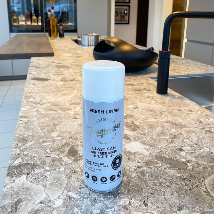 Designer Fragrances 4 Pack Fresh Linen Air Freshener Blast Cans - For Home & Vehicles – Natural Oils, Luxury Lasting Smell, Dry Mist Quick Release Spray – Deodorise & Neutralise Odours – 300ml - Get Me Products