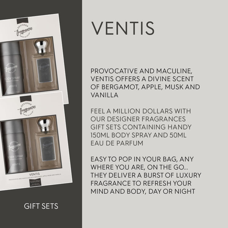 Designer Fragrances Ventus Male Twin Gift Set - Includes 2 x 150ml Body Spray Deodorant Cans, 2 x 50 ml Men’s Eau De Parfum Aftershave Sprays - For Instant Freshness on The Go - Long Lasting Smells - Get Me Products