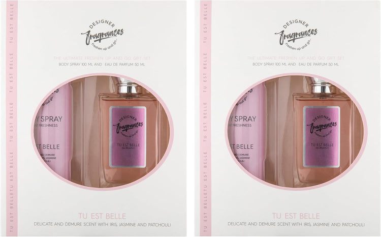 Designer Fragrances Tu Est Belle Female Twin Gift Set - Includes 2 x 100ml Body Spray Deodorant Cans, 2 x 50ml Women’s Eau De Parfum Sprays - For Instant Freshness on The Go - Long Lasting Smells - Get Me Products
