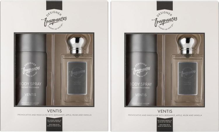 Designer Fragrances Ventus Male Twin Gift Set - Includes 2 x 150ml Body Spray Deodorant Cans, 2 x 50 ml Men’s Eau De Parfum Aftershave Sprays - For Instant Freshness on The Go - Long Lasting Smells - Get Me Products