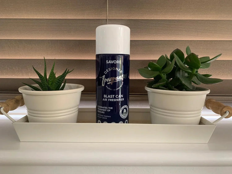 Designer Fragrances 4 Pack Savore Air Freshener Blast Cans - For Home & Vehicles – Natural Oils, Luxury Lasting Smell, Dry Mist Quick Release Spray – Deodorise & Neutralise Odours – 300ml - Get Me Products