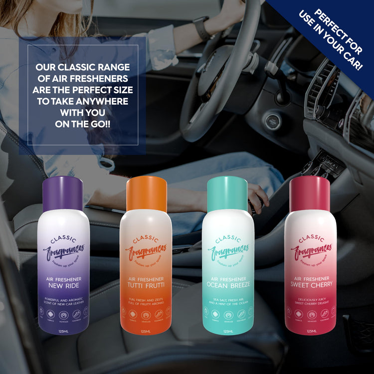Classic Fragrances 4 Pack Tutti Frutti - Fun, Fresh, Zesty & Fruity Aroma Air Freshener Spray - For Home & Vehicles – Long Lasting Smell, Portable Spray Can – Deodorise & Neutralise Odours – 125ml - Get Me Products