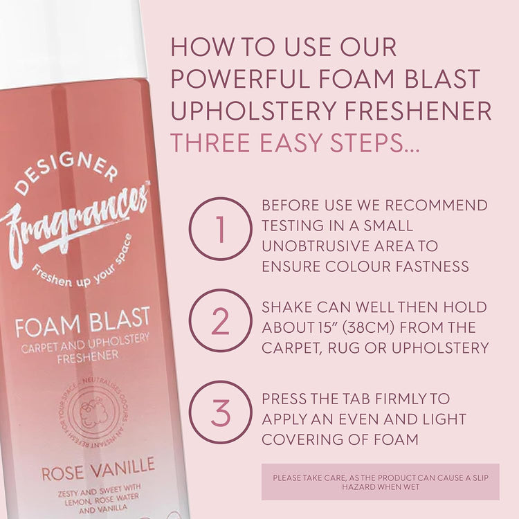Designer Fragrances 4 Pack Rose Vanille Carpet & Upholstery Freshener Foam Blasts - For Carpets, Sofas, Cushions, Car Seats – Lasting Smell, Spray on Foam – Deodorise & Neutralise Odours – 300ml - Get Me Products