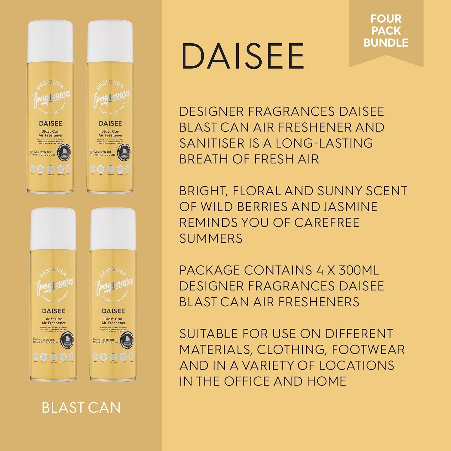 Designer Fragrances 4 Pack Daisee Air Freshener Blast Cans - For Home & Vehicles – Natural Oils, Luxury Lasting Smell, Dry Mist Quick Release Spray – Deodorise & Neutralise Odours – 300ml - Get Me Products