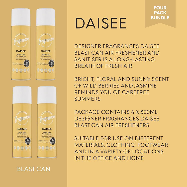Designer Fragrances 4 Pack Daisee Air Freshener Blast Cans - For Home & Vehicles – Natural Oils, Luxury Lasting Smell, Dry Mist Quick Release Spray – Deodorise & Neutralise Odours – 300ml - Get Me Products