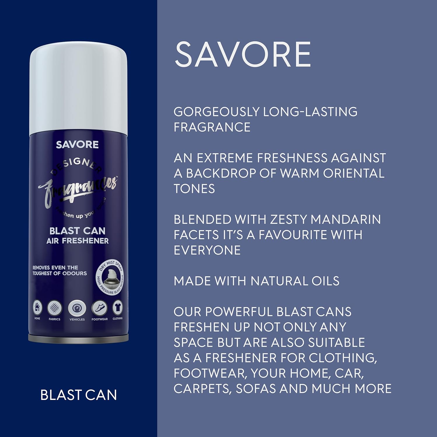 Designer Fragrances 4 Pack Savore Air Freshener Blast Cans - For Home & Vehicles – Natural Oils, Luxury Lasting Smell, Dry Mist Quick Release Spray – Deodorise & Neutralise Odours – 300ml - Get Me Products