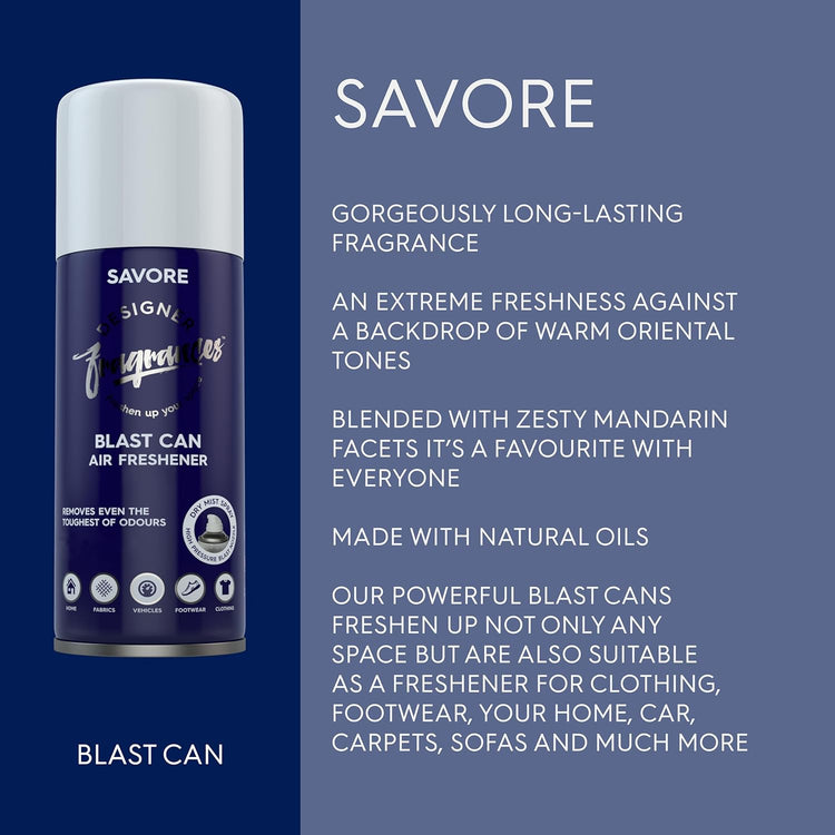 Designer Fragrances 4 Pack Savore Air Freshener Blast Cans - For Home & Vehicles – Natural Oils, Luxury Lasting Smell, Dry Mist Quick Release Spray – Deodorise & Neutralise Odours – 300ml - Get Me Products