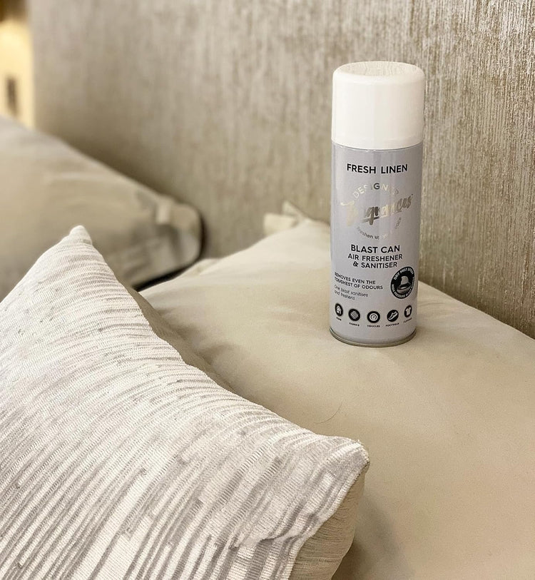 Designer Fragrances 4 Pack Fresh Linen Air Freshener Blast Cans - For Home & Vehicles – Natural Oils, Luxury Lasting Smell, Dry Mist Quick Release Spray – Deodorise & Neutralise Odours – 300ml - Get Me Products
