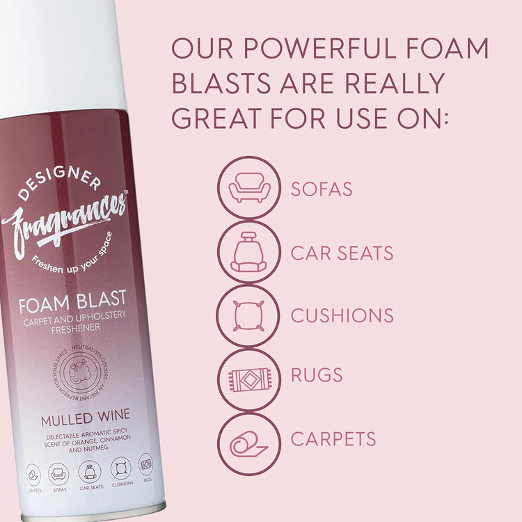 Designer Fragrances 4 Pack Rose Vanille Carpet & Upholstery Freshener Foam Blasts - For Carpets, Sofas, Cushions, Car Seats – Lasting Smell, Spray on Foam – Deodorise & Neutralise Odours – 300ml - Get Me Products
