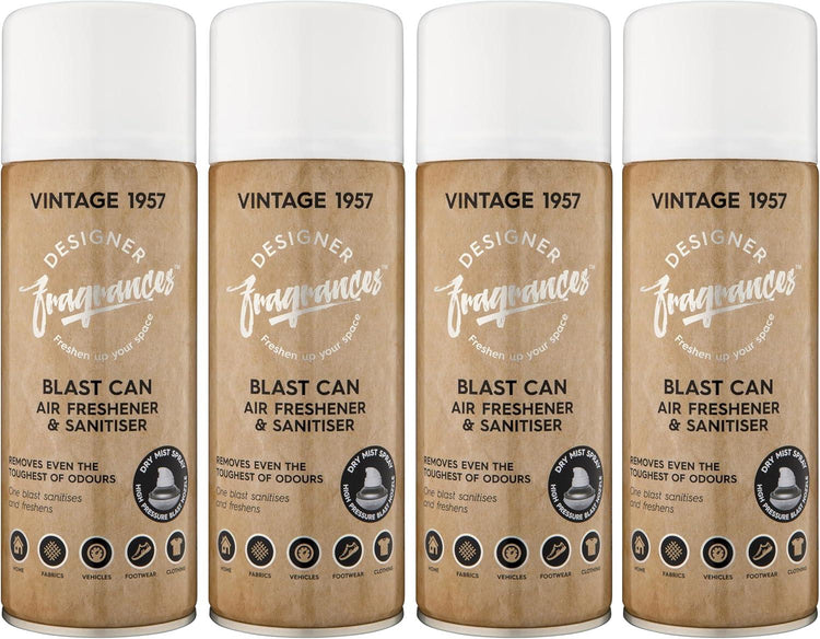 Designer Fragrances 4 Pack Vintage 1957 Air Freshener Blast Cans - For Home & Vehicles – Natural Oils, Luxury Lasting Smell, Dry Mist Quick Release Spray – Deodorise & Neutralise Odours – 400ml - Get Me Products