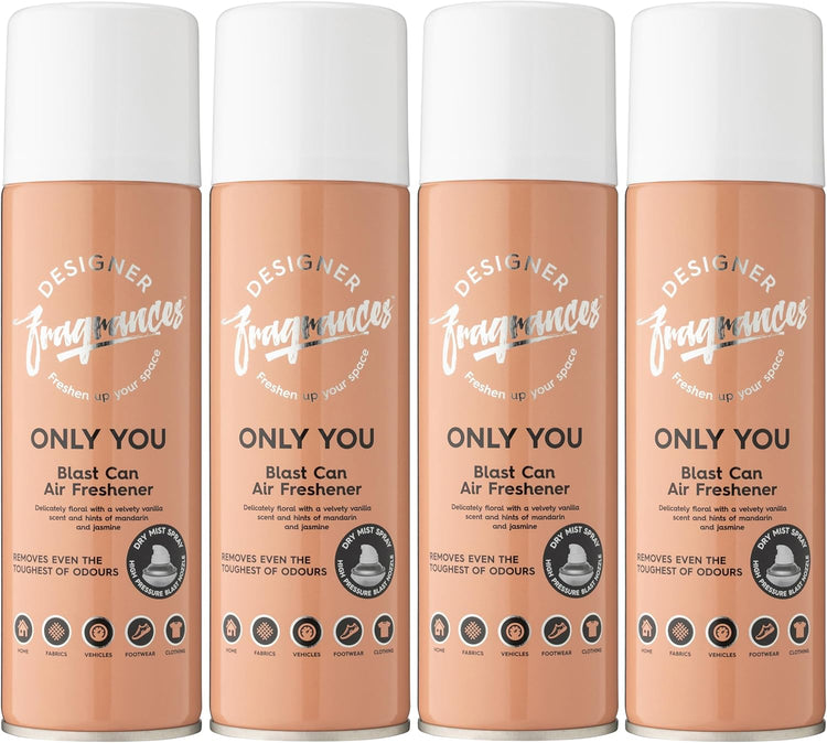 Designer Fragrances 4 Pack Only You Air Freshener Blast Cans - For Home & Vehicles – Natural Oils, Luxury Lasting Smell, Dry Mist Quick Release Spray – Deodorise & Neutralise Odours – 300ml - Get Me Products
