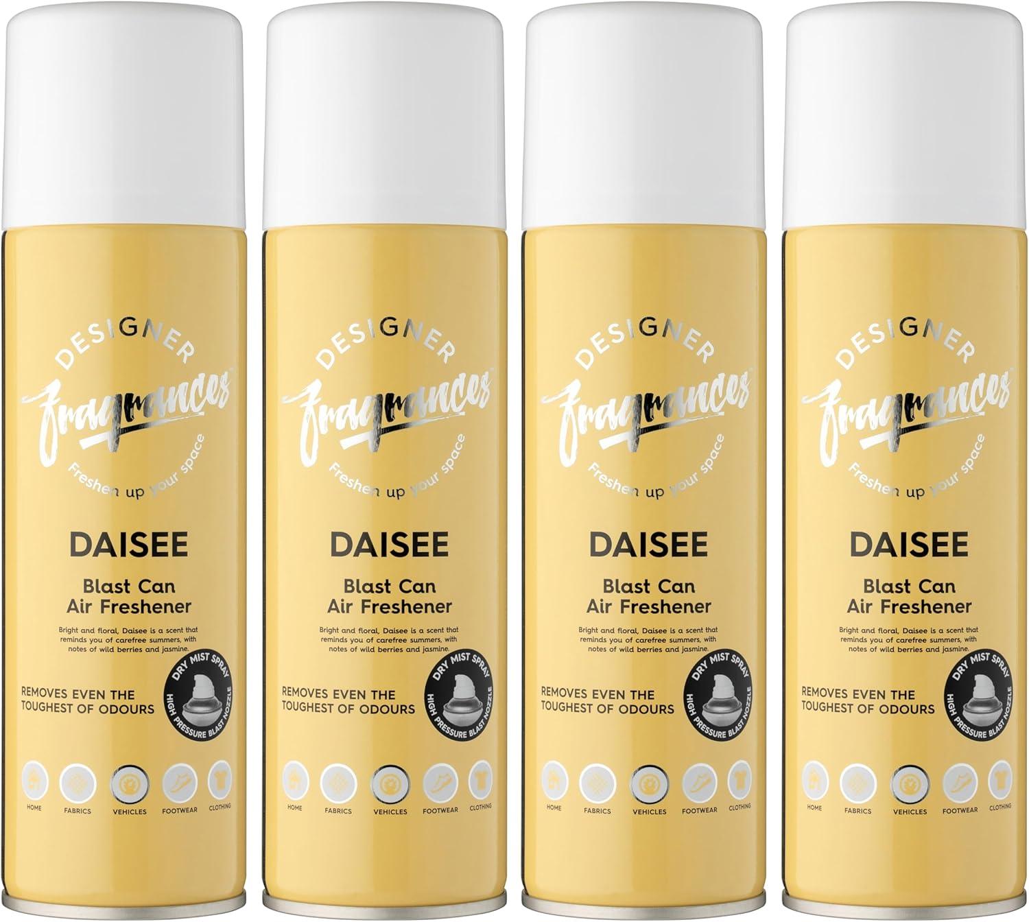 Designer Fragrances 4 Pack Daisee Air Freshener Blast Cans - For Home & Vehicles – Natural Oils, Luxury Lasting Smell, Dry Mist Quick Release Spray – Deodorise & Neutralise Odours – 300ml - Get Me Products