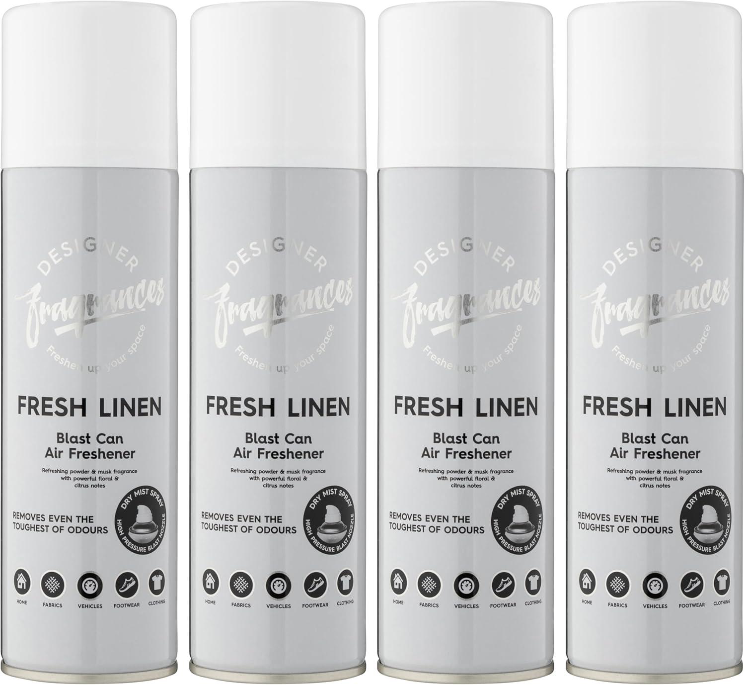 Designer Fragrances 4 Pack Fresh Linen Air Freshener Blast Cans - For Home & Vehicles – Natural Oils, Luxury Lasting Smell, Dry Mist Quick Release Spray – Deodorise & Neutralise Odours – 300ml - Get Me Products
