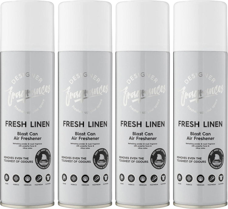 Designer Fragrances 4 Pack Fresh Linen Air Freshener Blast Cans - For Home & Vehicles – Natural Oils, Luxury Lasting Smell, Dry Mist Quick Release Spray – Deodorise & Neutralise Odours – 300ml - Get Me Products