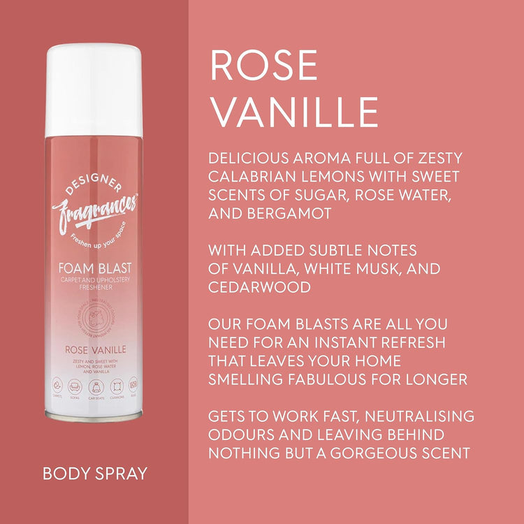Designer Fragrances 4 Pack Rose Vanille Carpet & Upholstery Freshener Foam Blasts - For Carpets, Sofas, Cushions, Car Seats – Lasting Smell, Spray on Foam – Deodorise & Neutralise Odours – 300ml - Get Me Products