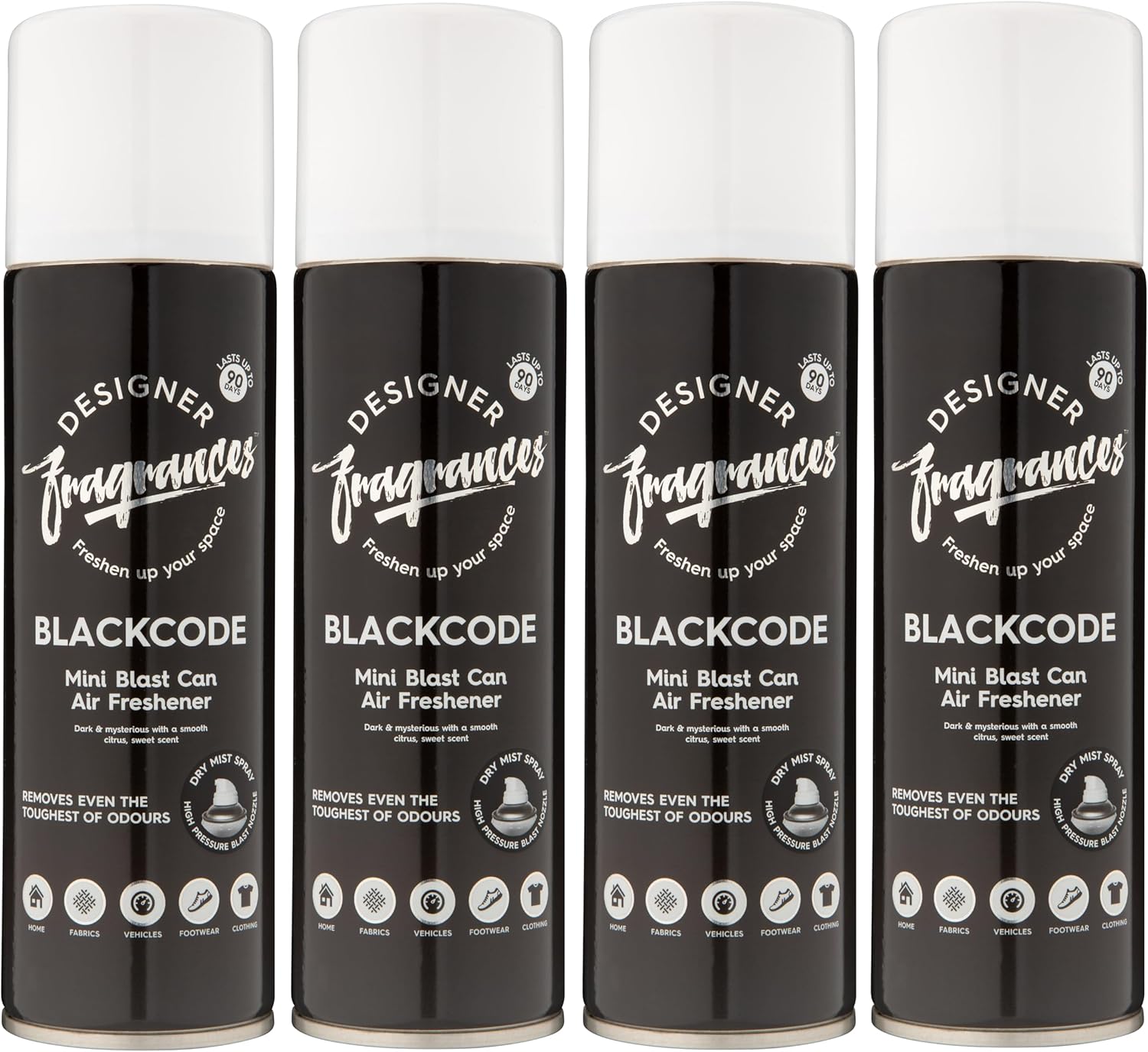 Designer Fragrances 4 Pack Blackcode Air Freshener Blast Cans - For Home & Vehicles – Natural Oils, Luxury Lasting Smell, Dry Mist Quick Release Spray – Deodorise & Neutralise Odours – 300ml - Get Me Products