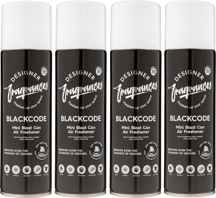 Designer Fragrances 4 Pack Blackcode Air Freshener Blast Cans - For Home & Vehicles – Natural Oils, Luxury Lasting Smell, Dry Mist Quick Release Spray – Deodorise & Neutralise Odours – 300ml - Get Me Products