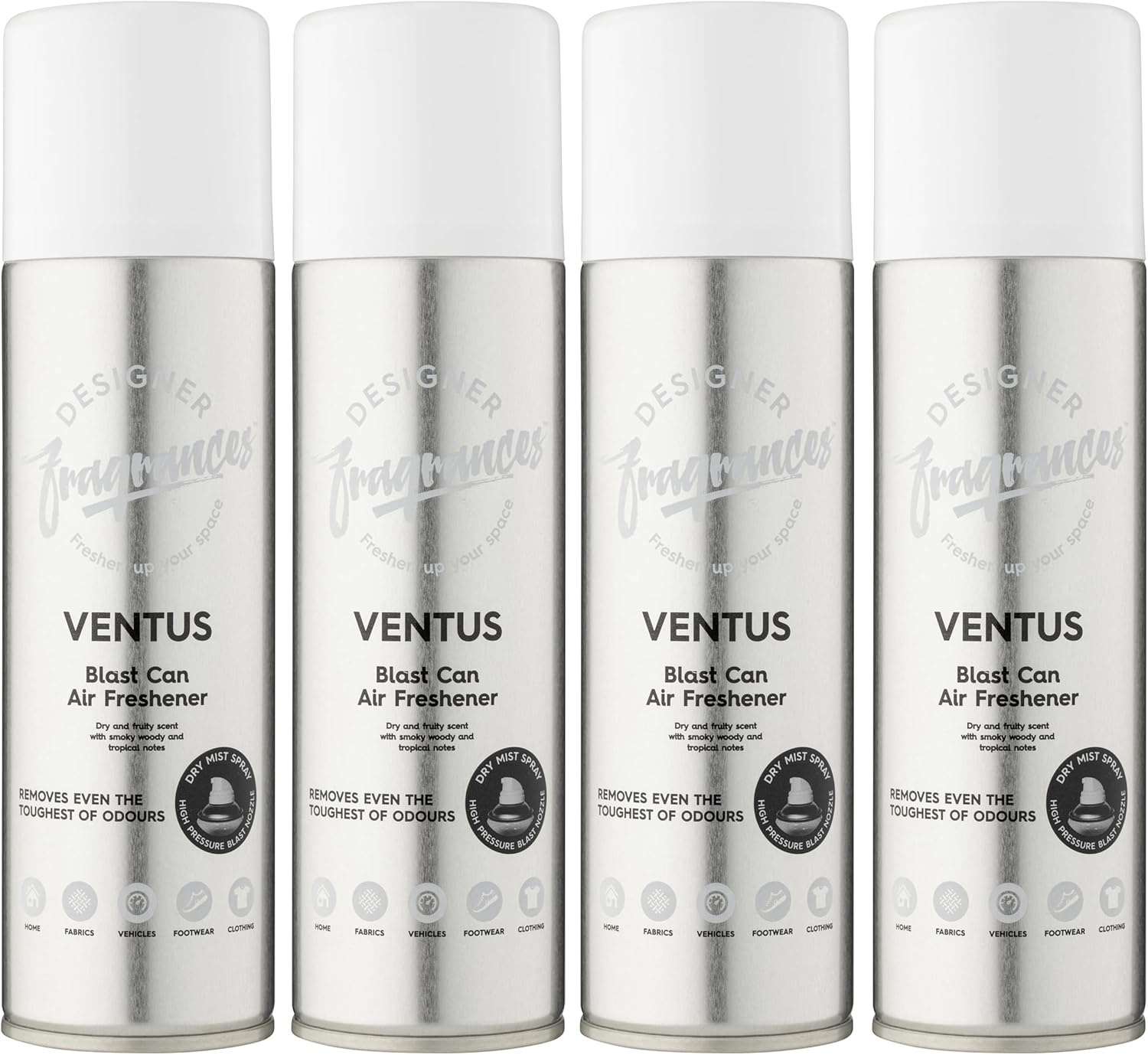 Designer Fragrances 4 Pack Ventus Air Freshener Blast Cans - For Home & Vehicles – Natural Oils, Luxury Lasting Smell, Dry Mist Quick Release Spray – Deodorise & Neutralise Odours – 300ml - Get Me Products