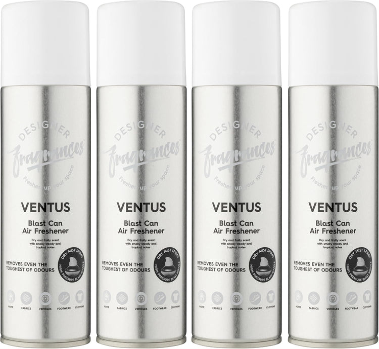 Designer Fragrances 4 Pack Ventus Air Freshener Blast Cans - For Home & Vehicles – Natural Oils, Luxury Lasting Smell, Dry Mist Quick Release Spray – Deodorise & Neutralise Odours – 300ml - Get Me Products