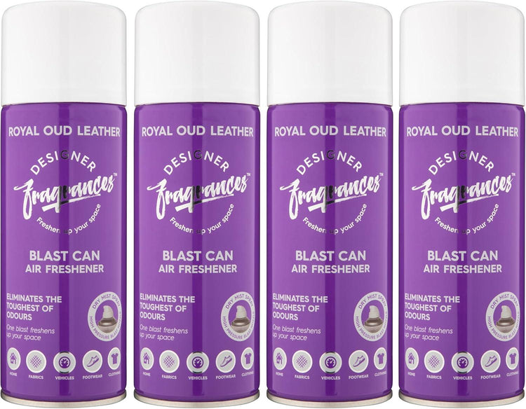 Designer Fragrances 4 Pack Royal Oud Leather Air Freshener Blast Cans - For Home & Vehicles – Natural Oils, Luxury Lasting Smell, Dry Mist Quick Release Spray – Deodorise & Neutralise Odours – 400ml - Get Me Products