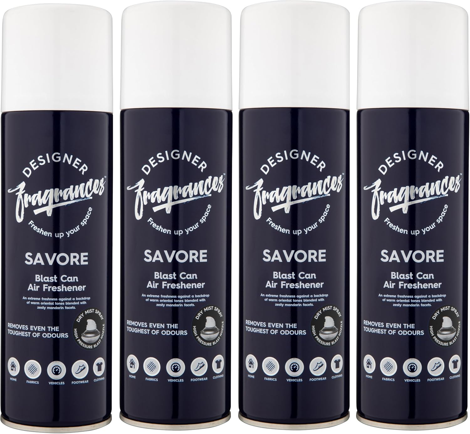 Designer Fragrances 4 Pack Savore Air Freshener Blast Cans - For Home & Vehicles – Natural Oils, Luxury Lasting Smell, Dry Mist Quick Release Spray – Deodorise & Neutralise Odours – 300ml - Get Me Products