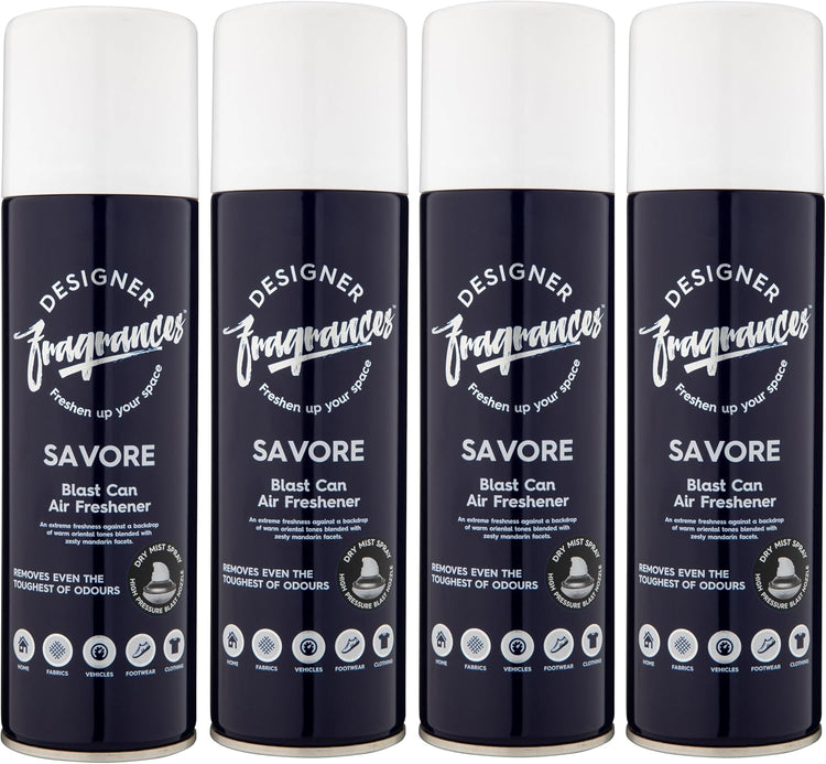Designer Fragrances 4 Pack Savore Air Freshener Blast Cans - For Home & Vehicles – Natural Oils, Luxury Lasting Smell, Dry Mist Quick Release Spray – Deodorise & Neutralise Odours – 300ml - Get Me Products