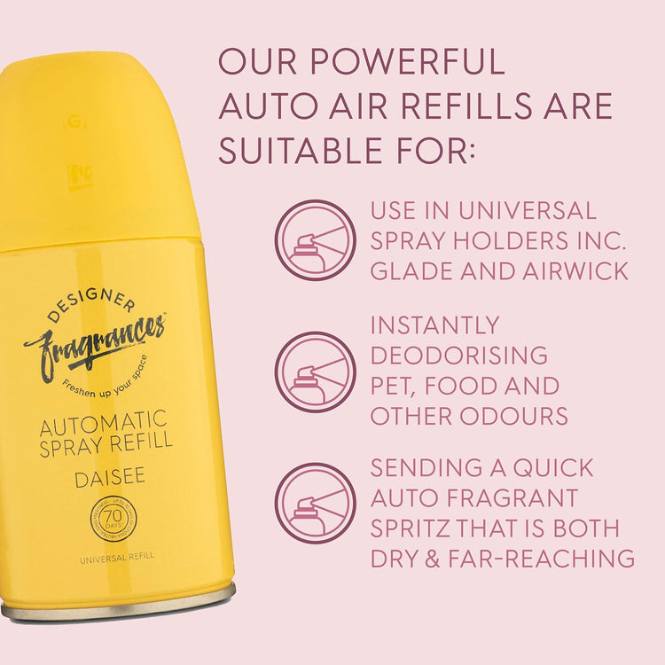 Designer Fragrances 6 Pack Daisee Automatic Room Spray Universal Refill Air Freshener Cans - For Home & Vehicles – Upto 70 Days of Luxury Lasting Smell - Deodorise & Neutralise Odours – 250ml - Get Me Products
