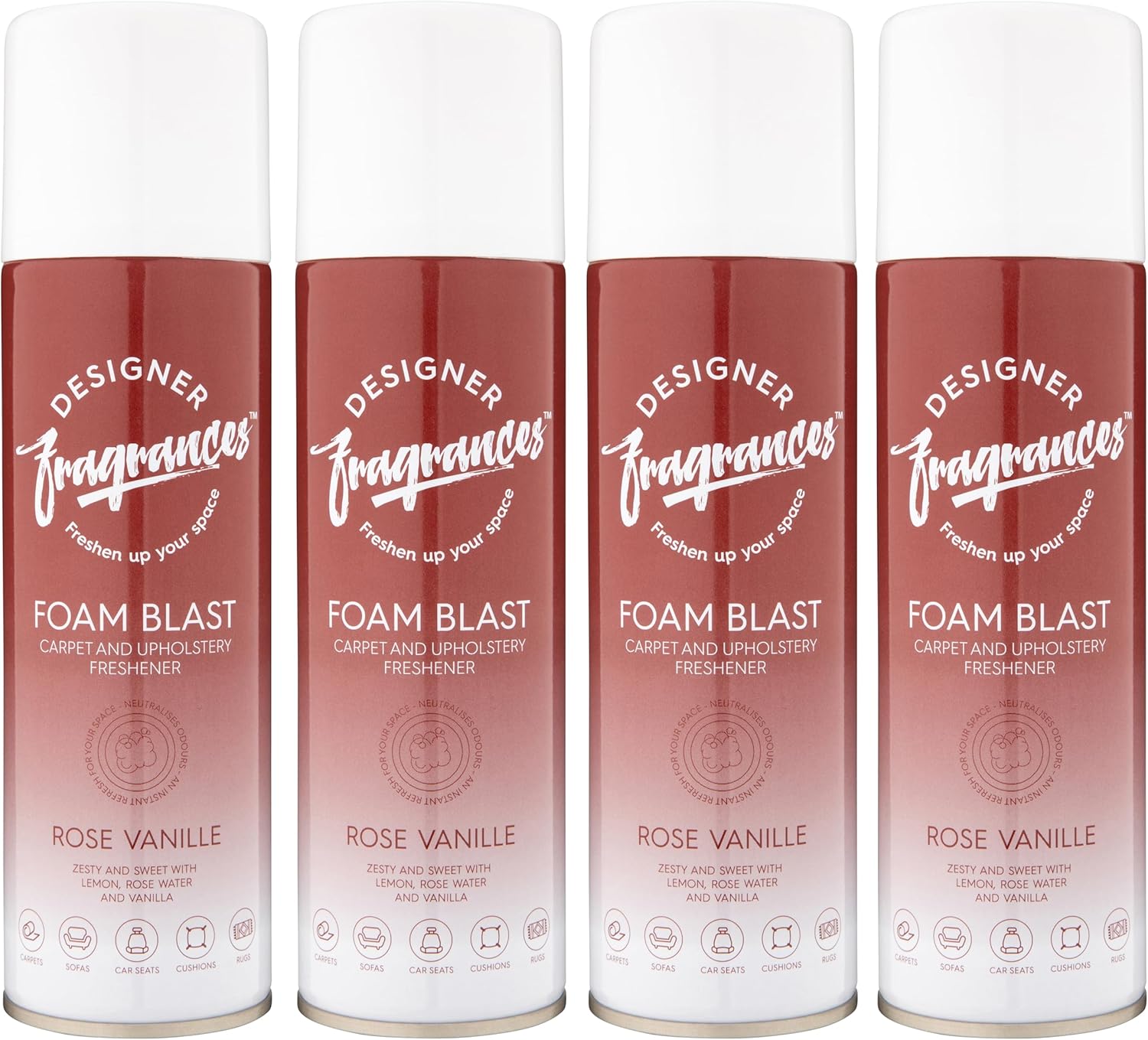 Designer Fragrances 4 Pack Rose Vanille Carpet & Upholstery Freshener Foam Blasts - For Carpets, Sofas, Cushions, Car Seats – Lasting Smell, Spray on Foam – Deodorise & Neutralise Odours – 300ml - Get Me Products
