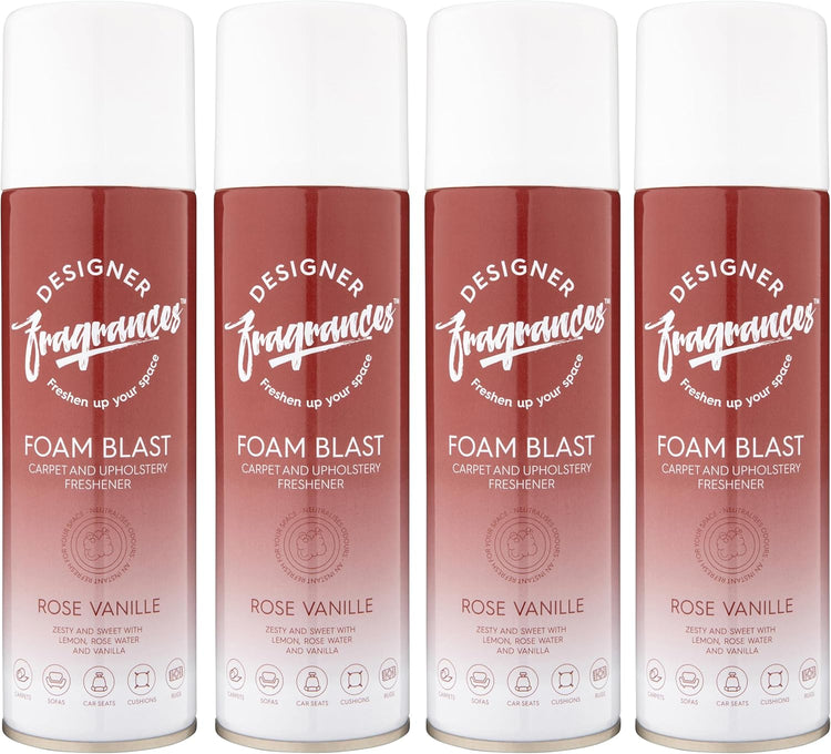 Designer Fragrances 4 Pack Rose Vanille Carpet & Upholstery Freshener Foam Blasts - For Carpets, Sofas, Cushions, Car Seats – Lasting Smell, Spray on Foam – Deodorise & Neutralise Odours – 300ml - Get Me Products