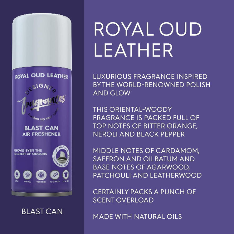 Designer Fragrances 4 Pack Royal Oud Leather Air Freshener Blast Cans - For Home & Vehicles – Natural Oils, Luxury Lasting Smell, Dry Mist Quick Release Spray – Deodorise & Neutralise Odours – 400ml - Get Me Products