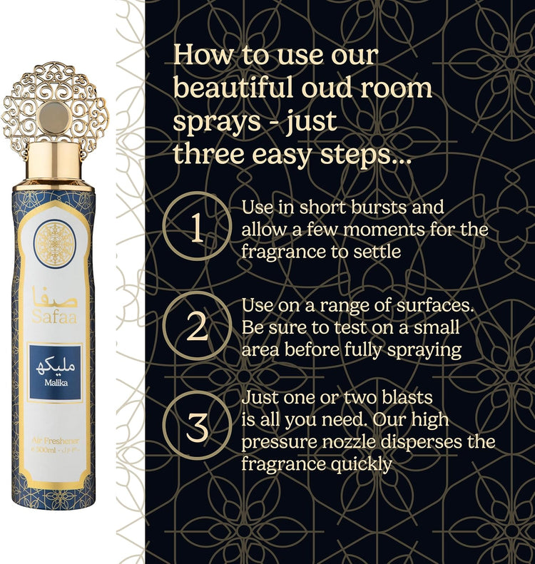 Dubai Arabian Air Freshener Safaa 4 Pack Exclusive Bundle - Amal, Emaan, Malika, Oud Luxury Air Freshener Cans - For Home & Vehicles – Natural Oils, Lasting Smell Spray – Deodorise & Neutralise Odours – 300ml - Get Me Products