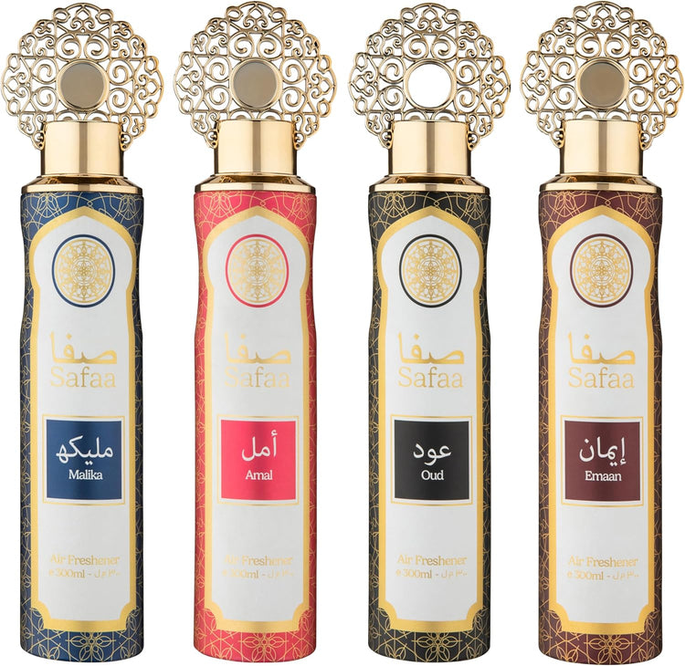 Dubai Arabian Air Freshener Safaa 4 Pack Exclusive Bundle - Amal, Emaan, Malika, Oud Luxury Air Freshener Cans - For Home & Vehicles – Natural Oils, Lasting Smell Spray – Deodorise & Neutralise Odours – 300ml - Get Me Products