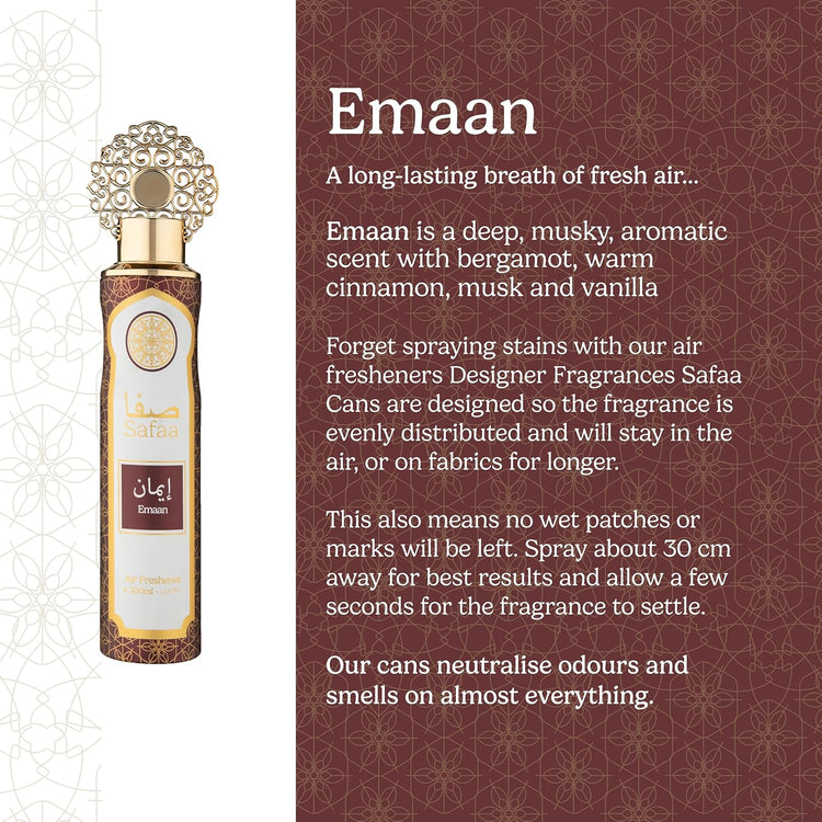 Dubai Arabian Air Freshener Safaa 4 Pack Exclusive Bundle - Amal, Emaan, Malika, Oud Luxury Air Freshener Cans - For Home & Vehicles – Natural Oils, Lasting Smell Spray – Deodorise & Neutralise Odours – 300ml - Get Me Products