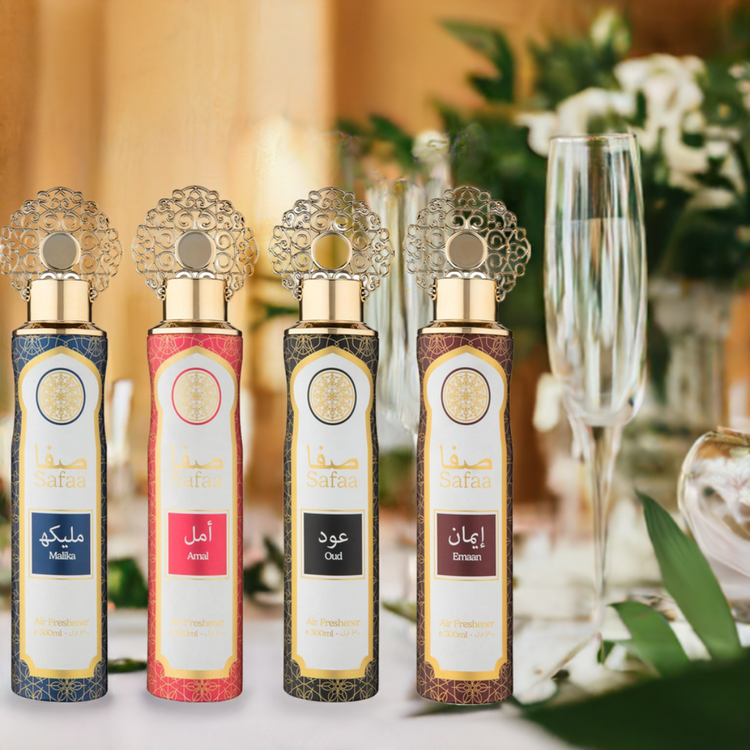 Dubai Arabian Air Freshener Safaa 4 Pack Exclusive Bundle - Amal, Emaan, Malika, Oud Luxury Air Freshener Cans - For Home & Vehicles – Natural Oils, Lasting Smell Spray – Deodorise & Neutralise Odours – 300ml - Get Me Products