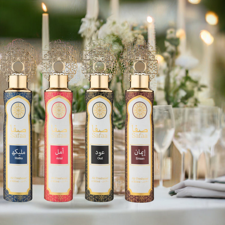 Dubai Arabian Air Freshener Safaa 4 Pack Exclusive Bundle - Amal, Emaan, Malika, Oud Luxury Air Freshener Cans - For Home & Vehicles – Natural Oils, Lasting Smell Spray – Deodorise & Neutralise Odours – 300ml - Get Me Products