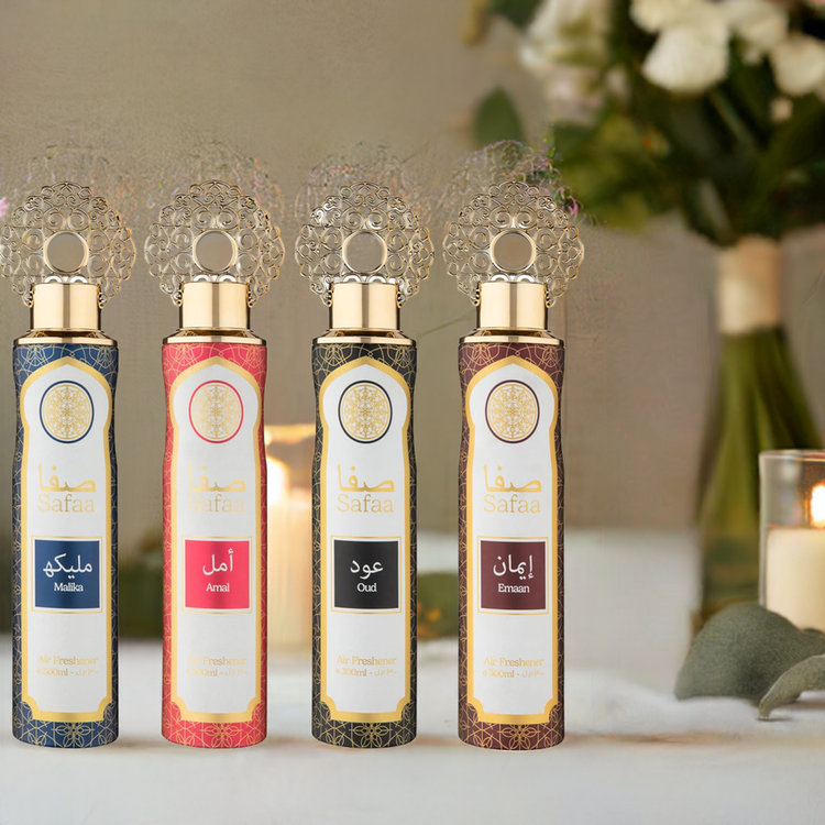Dubai Arabian Air freshener Safaa 4 Pack Exclusive Bundle - Amal, Emaan, Malika, Oud Luxury Cans - For Home & Vehicles – Natural Oils, Lasting Smell Spray – Deodorise & Neutralise Odours – 300ml Fragrance Set secret Scented Perfume Aroma - Get Me Products