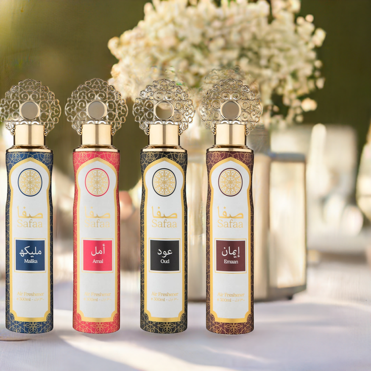 Dubai Arabian Air Freshener Safaa 4 Pack Exclusive Bundle - Amal, Emaan, Malika, Oud Luxury Air Freshener Cans - For Home & Vehicles – Natural Oils, Lasting Smell Spray – Deodorise & Neutralise Odours – 300ml - Get Me Products
