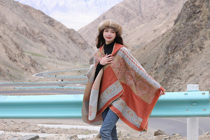 Yunnan travel hooded cape colorful retro ethnic style big shawl warm cape Tibet Xinjiang autumn and winter outside - Get Me Products